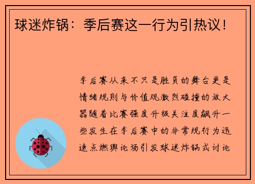 球迷炸锅：季后赛这一行为引热议！