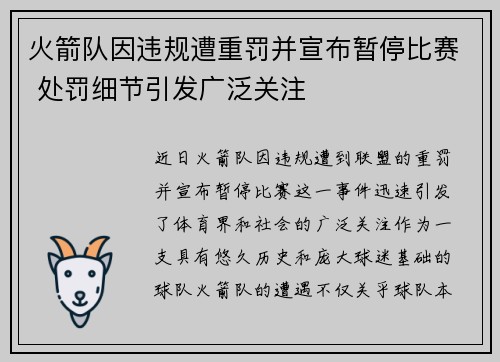 火箭队因违规遭重罚并宣布暂停比赛 处罚细节引发广泛关注 火箭队因违规遭重罚并宣布暂停比赛 处罚细节引发广泛关注